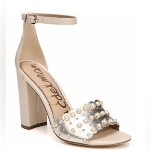 Sam Edelman Pearl Scalloped Block Heel Sandals Ivory Gold Bridal Wedding Size 7